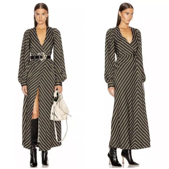 GANNI Striped Long Sleeve Wrap Maxi Dress Size EU 36/S/US 4 Black Gold - Picture 1 of 16